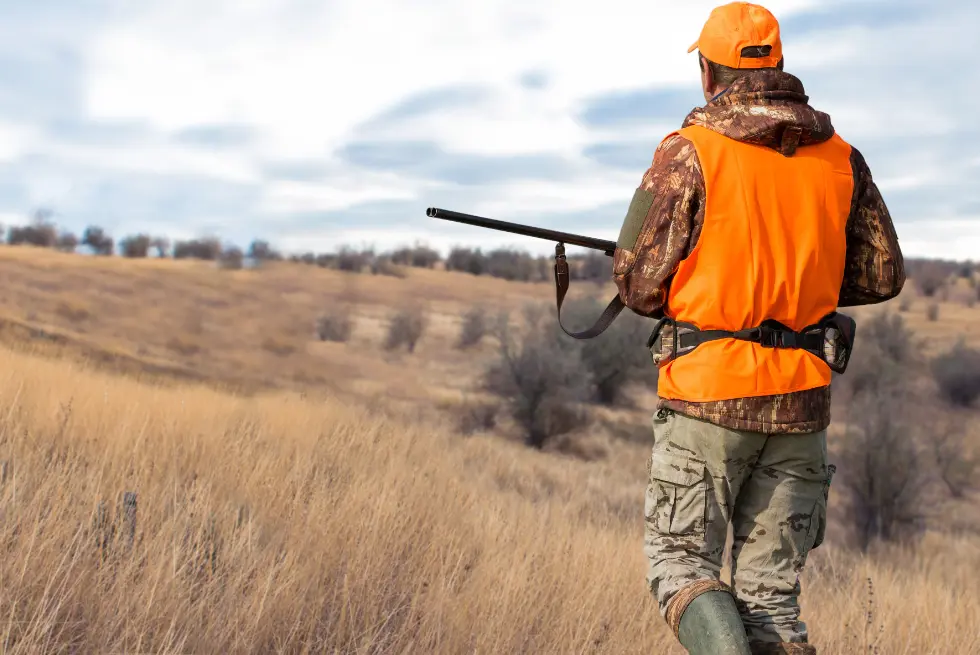 A hunter walks through a field